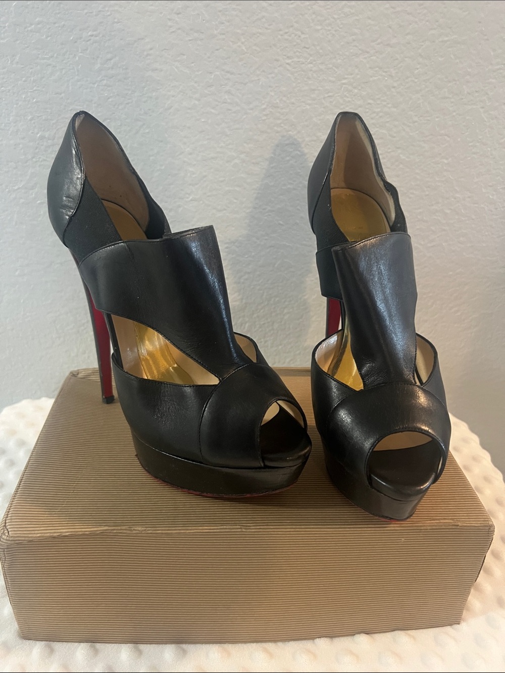 Christian Louboutin Black Leather Peep-Toe Platform Pumps with Red Soles